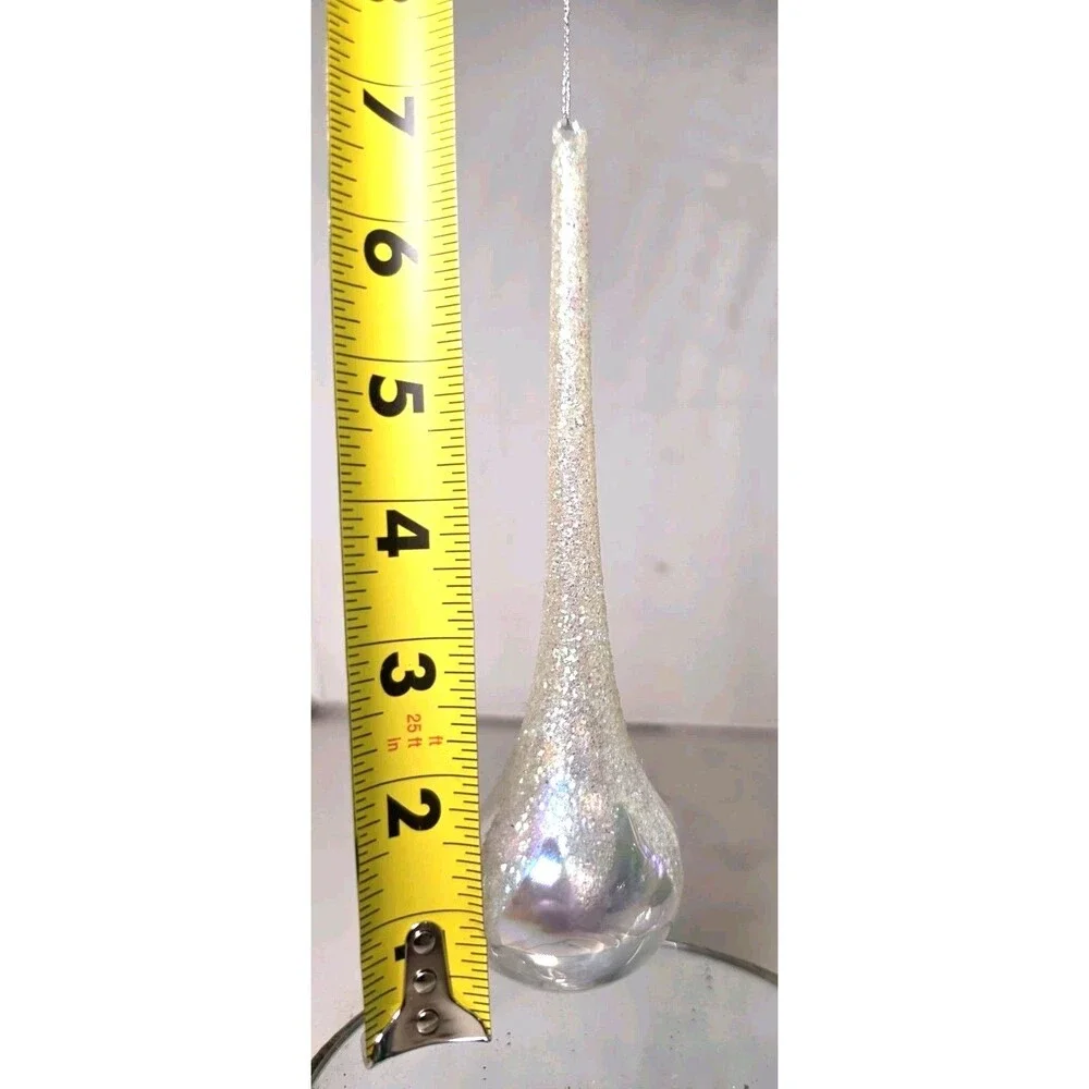 Vintage White Iridescent Glitter Glass Teardrop Icicle Christmas Ornament 7